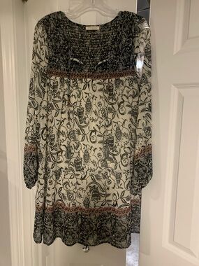 lovestitch Black and Cream Floral Long Sleeve Boho Dress